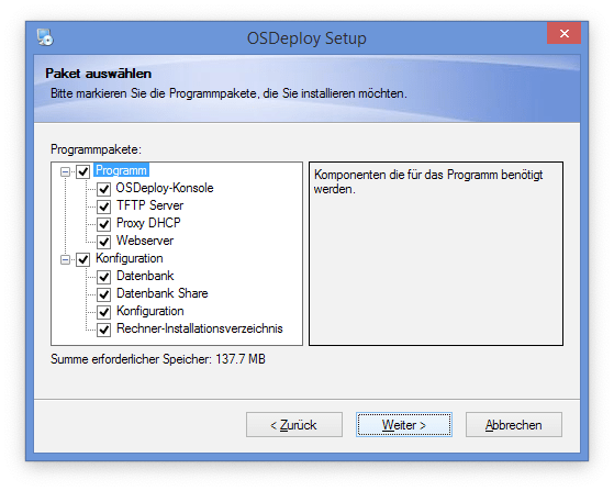 Paketauswahl der zu installierenden Programme beim Setup zu OS-Deploy